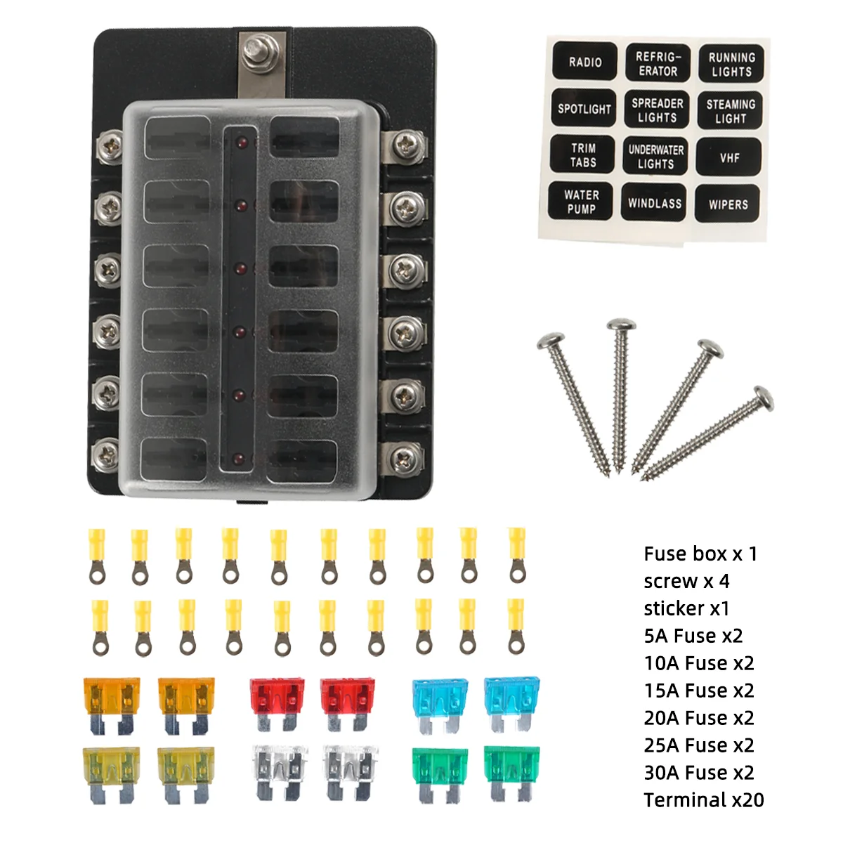 【 Combination 】12 way Fuse Box with light + Accessory Pack - Screw Terminal #1-7 Auto Blade Fuse Holder Box
【 Combination 】12 way Fuse Box with light + Accessory Pack - Screw Terminal #1-7 Auto Blade Fuse Holder Box