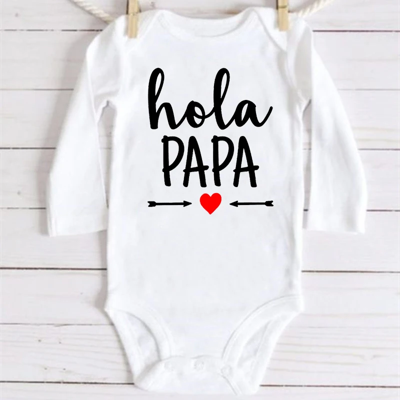 

Hola Papa Announcement Pregnancy Newborn Clothes Baby Bodysuits Boy Girl Short Sleeve Toddler Jumpsuit Infant Shower Dad Gifts