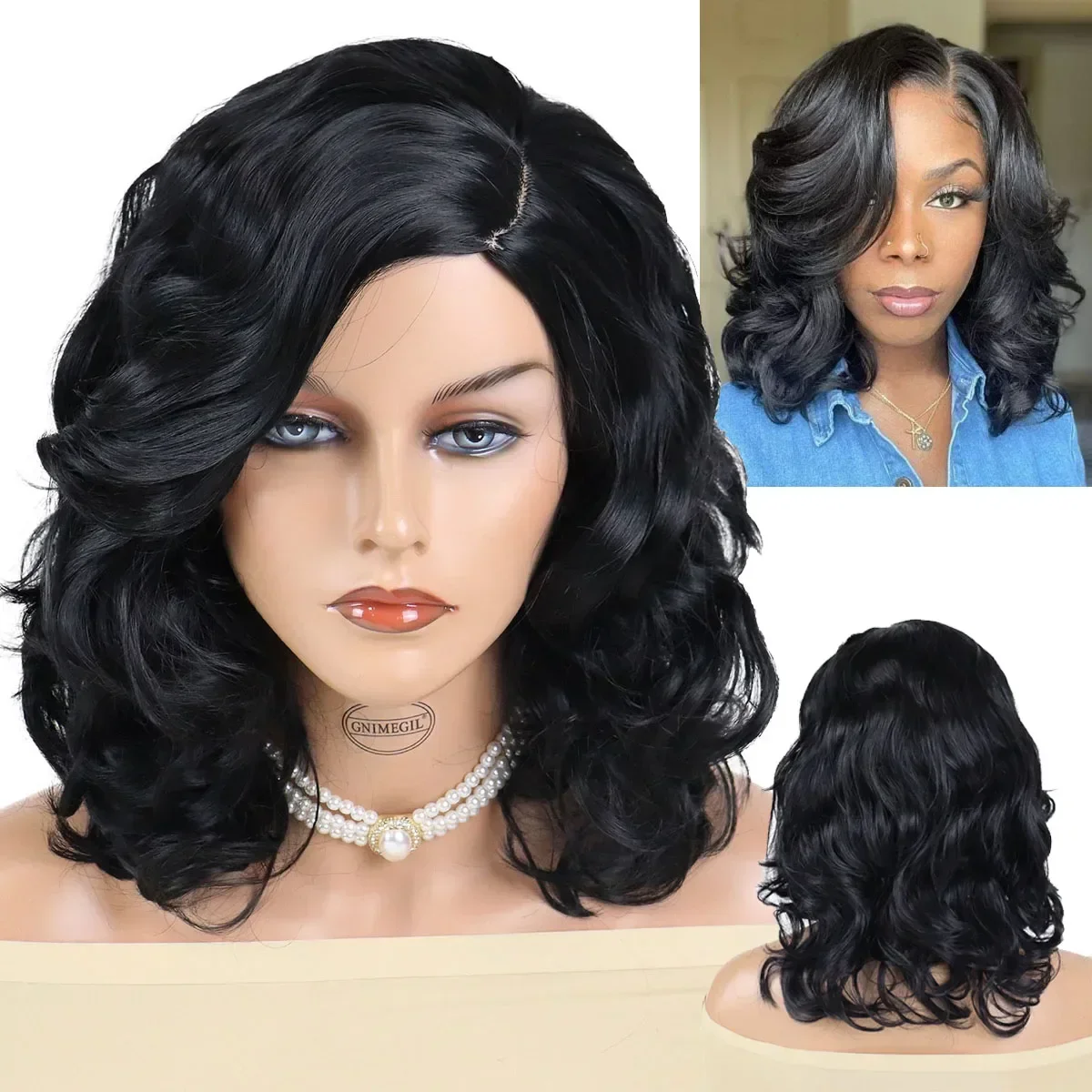 

GNIMEGIL Synthetic Medium Wigs for Women Natural Black Hair Fluffy Curly Wig Side Parting Daily Cosplay Halloween Use Ladies Wig