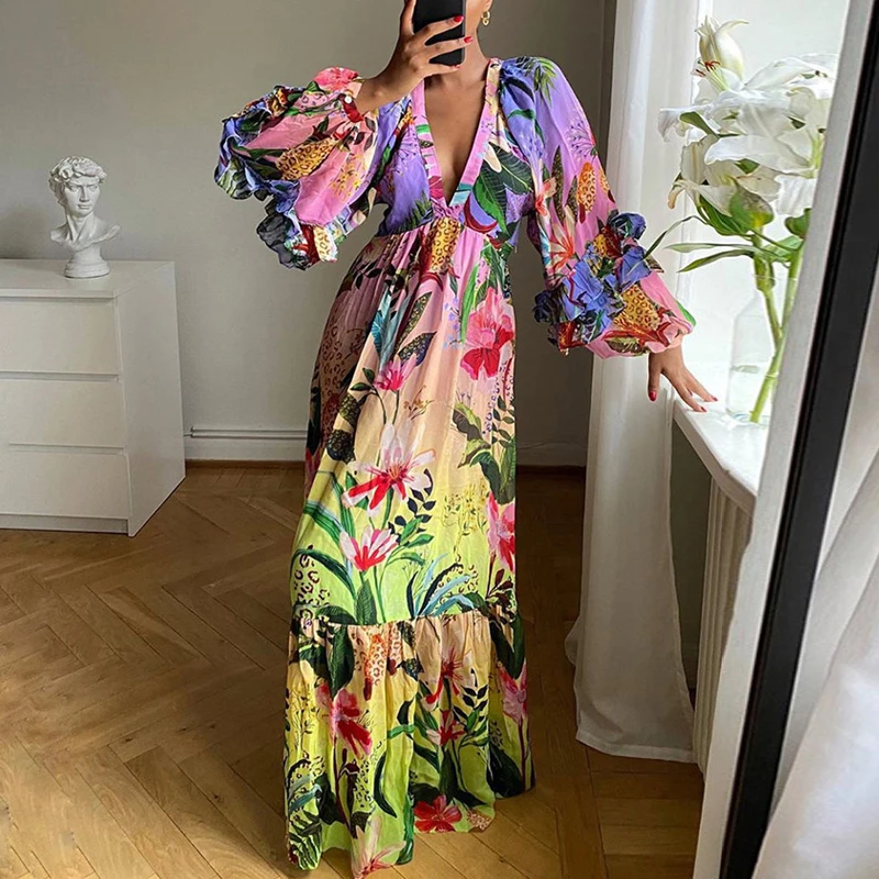 Fashion Gradual Change Print Puff Ruffles Long Sleeve Dress Elegant High Waist Holiday Slim Dress Sexy Deep V Temperament Dress
Fashion Gradual Change Print Puff Ruffles Long Sleeve Dress Elegant High Waist Holiday Slim Dress Sexy Deep V Temperament Dress