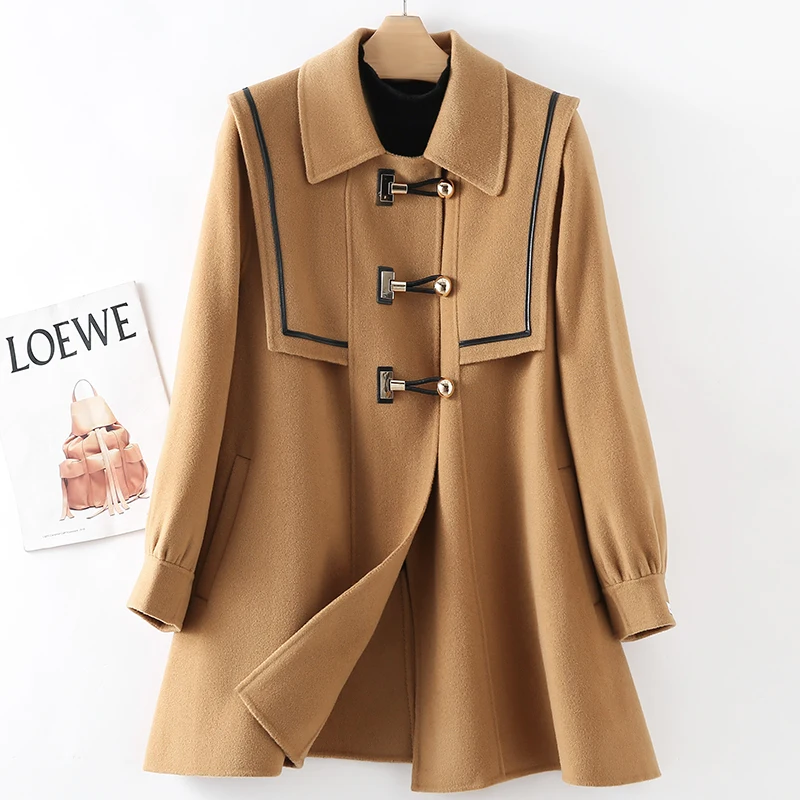 

Navy collar double-sided zero cashmere coat for women's high-end 2023 new autumn and winter coat, small and high-end cow horn