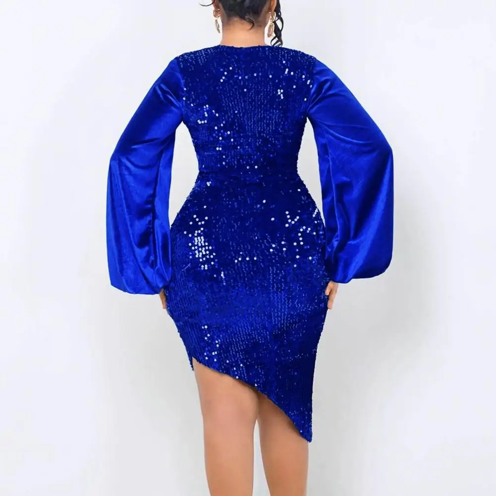 

Sequin Splicing Dress Sequin V Neck Evening Dress with Lantern Sleeves High Waist Formal Prom Banquet Midi Dress for Women Sexy