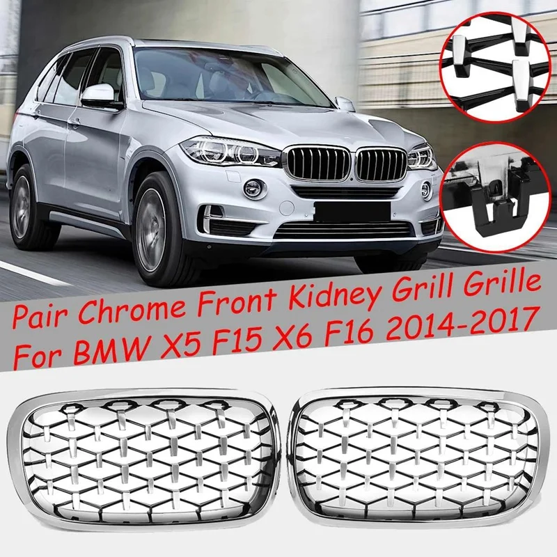 

2PCS Front Kidney Diamond Meteor Style Grille Grills For -BMW X5 F15 X6 F16 2014-2017 Racing Grill Chrome