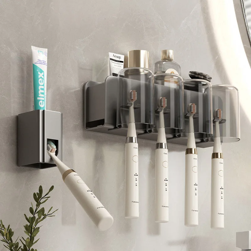 

Wall Mounted Toothpaste Dispenser Bathroom Toothpaste Squeezer Punch-Free Toothbrush Toothpaste Holder Toiletries Storage Rack