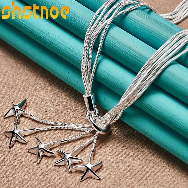 

925 Sterling Silver 18Inch Layered Five Starfish Star Snake Chain Pendant Necklace For Women Engagement Wedding Fashion Jewelry