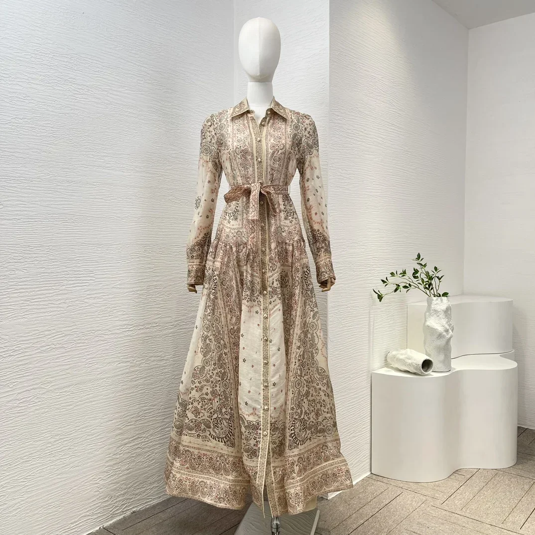 

2024 Spring Autumn Top Quality New Collection Linen Silk Blended Orange Paisley Printing Classic Midi Dresses for Women