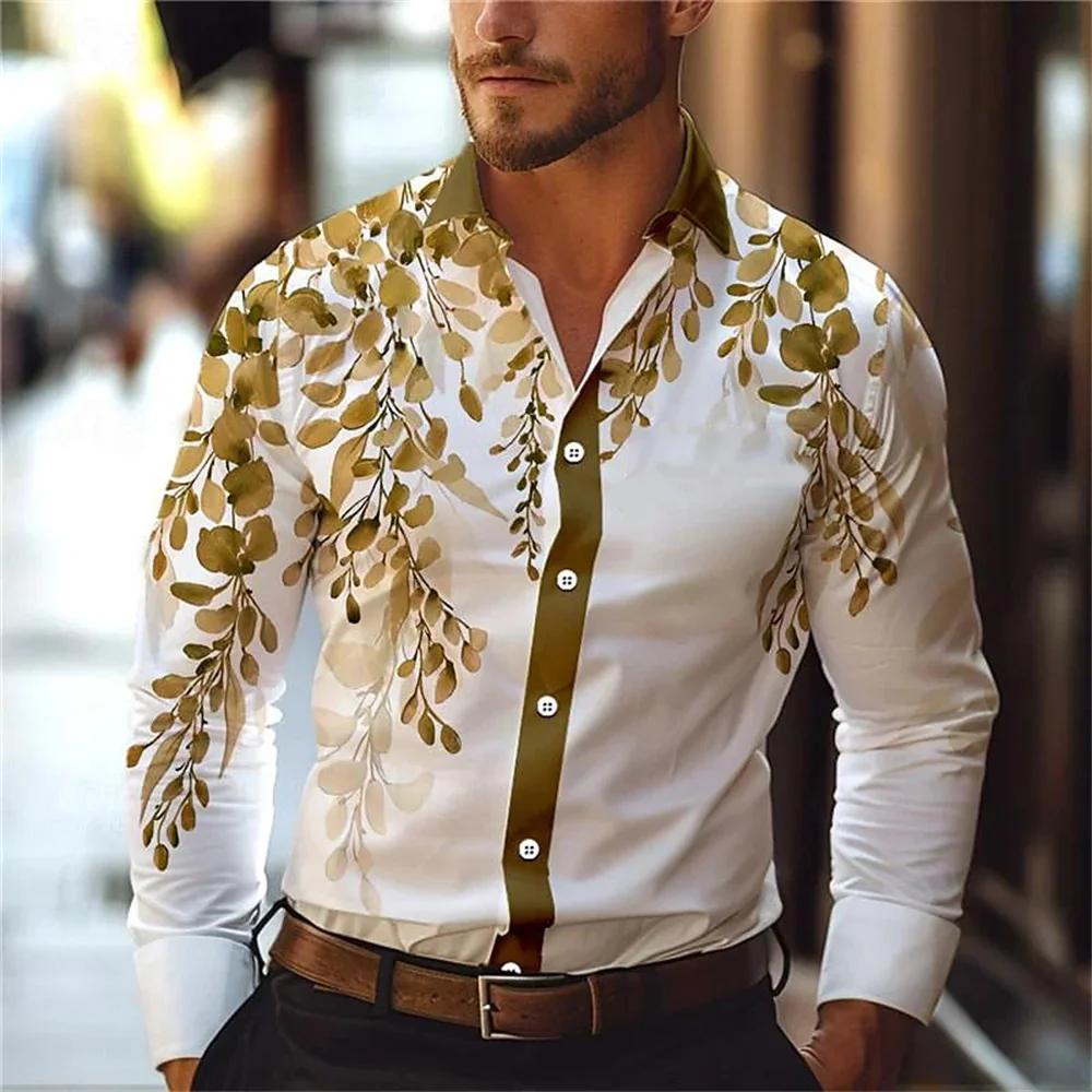 

2024 New men's casual 3D printed leaf print shirt for daily wear, spring lapel long sleeved button up shirt S-6XL plus size