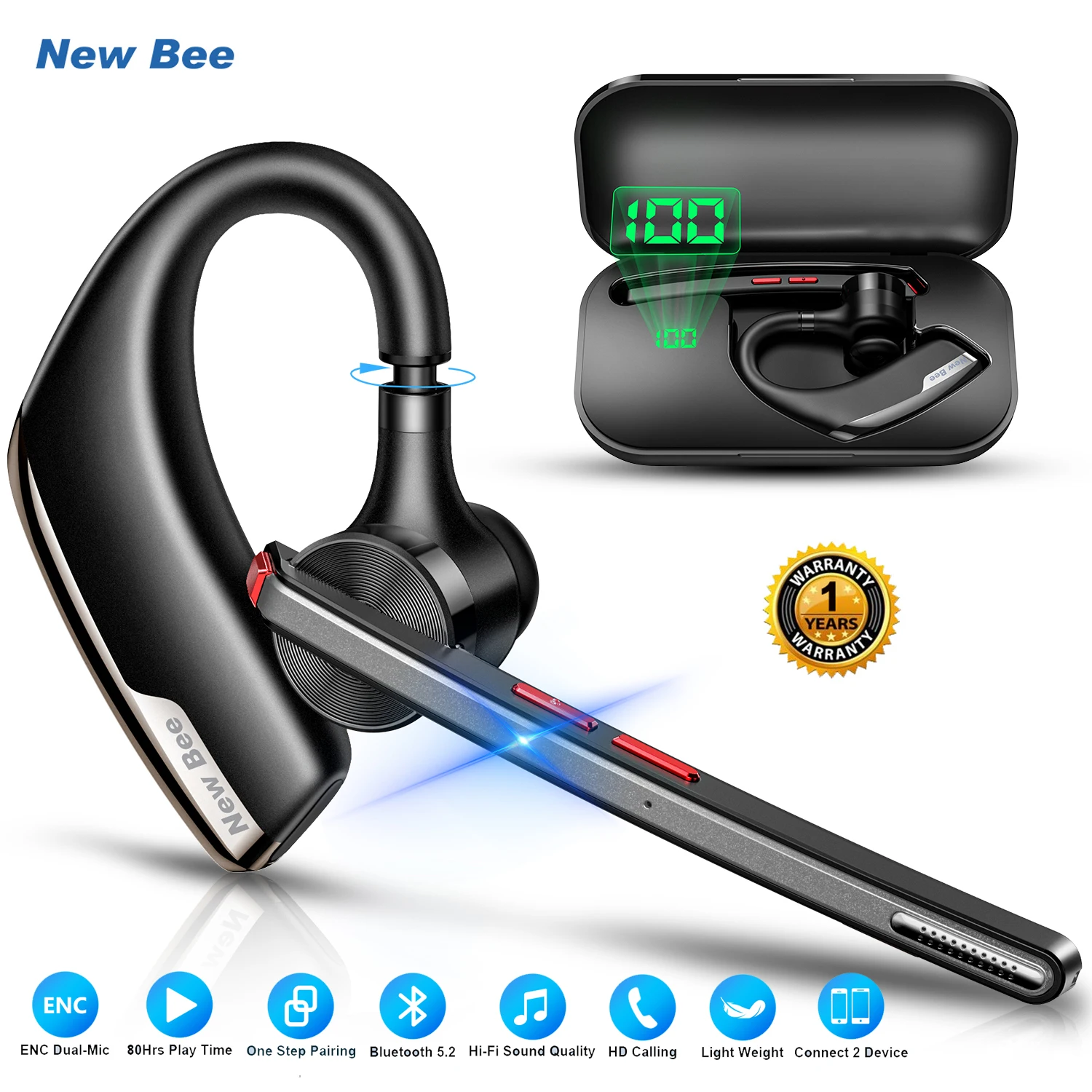 New Bee M51 Bluetooth 5.2 Headset Wireless Earpiece with Dual-Mic CVC8.0 Noise Cancelling Earphones Handsfree Headphone Business
New Bee M51 Bluetooth 5.2 Headset Wireless Earpiece with Dual-Mic CVC8.0 Noise Cancelling Earphones Handsfree Headphone Business