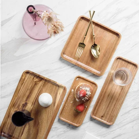 

1 Piece Of Acacia Wood Rectangular Wooden Plate Family Restaurant Service Table Japanese Tea Cup Saucer Dessert Cake Tray