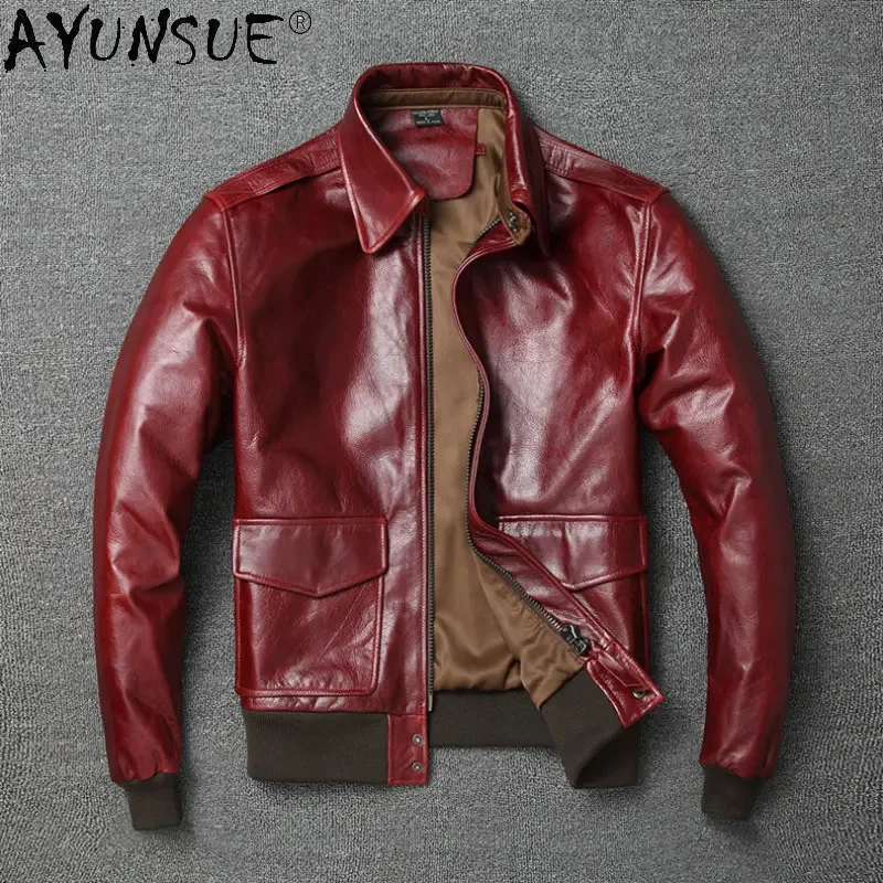 

AYUNSUE Genuine Leather Motorcycle Jacket Men Autumn Real Cow Leather Jackets Short Flight Suit Fashion Chaqueta De Cuero SGG975