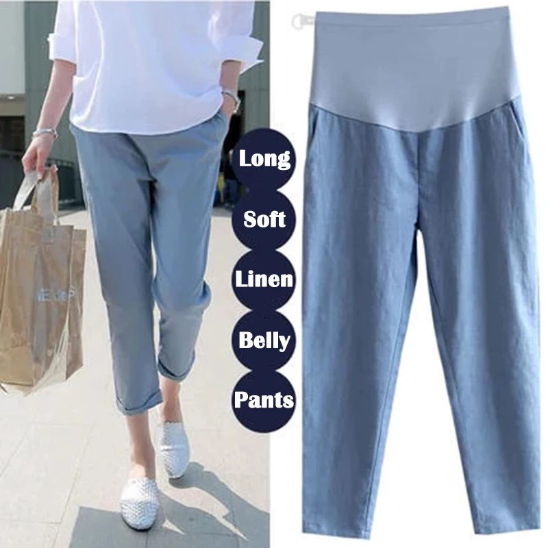 

Pregnant Women Cotton and Linen Belly Pants Summer High Waist Maternity Wide-legged Casual Long Trousers Black Blue/Beige/White