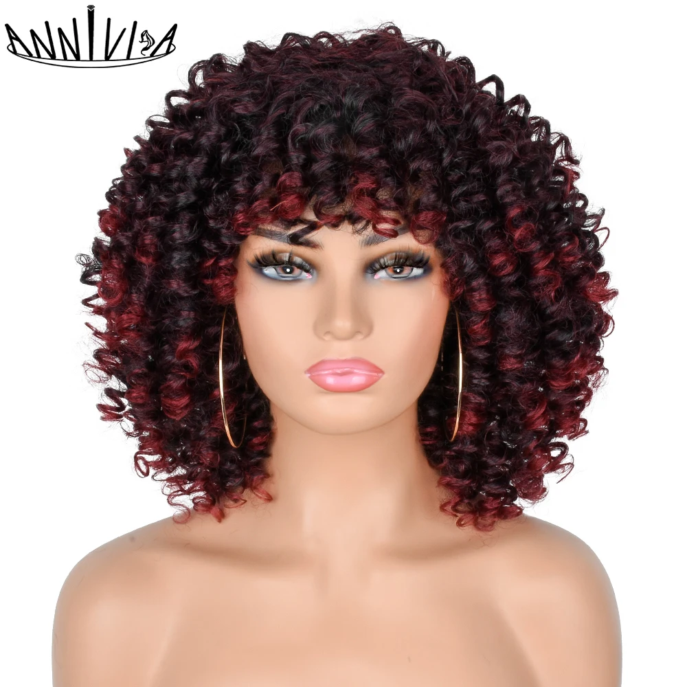 

Afro Kinky Curly Wig With Bangs Synthetic Short Cosplay Fluffy Shoulder Lenght Wigs For Black Women Heat Resistant Annivia