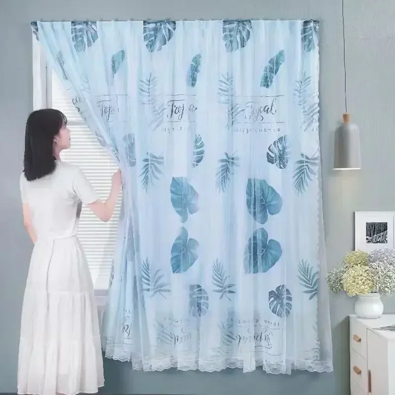 

22412-STB- Pom Pom Tasseled Sheer Curtains for Bedroom Farmhouse Faux Linen Semi-Voile Transparent Bay Window Drapes