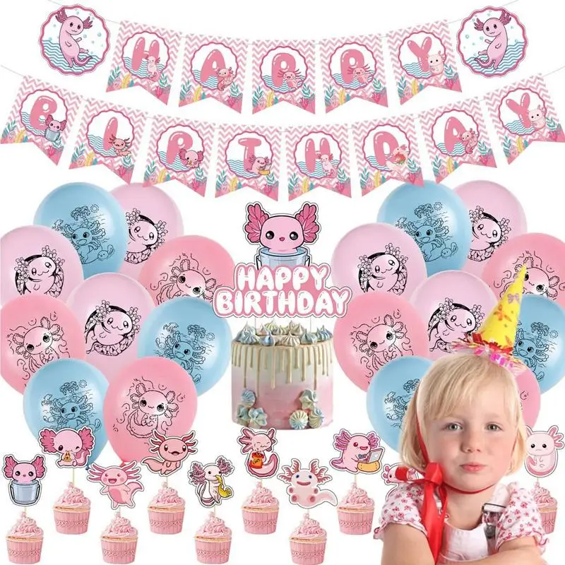 

Axolotl Party Decoration Cute Cartoon Theme Party Favor Birthday Banner Cupcake Toppers Balloons Axolotl Theme Party Favor For