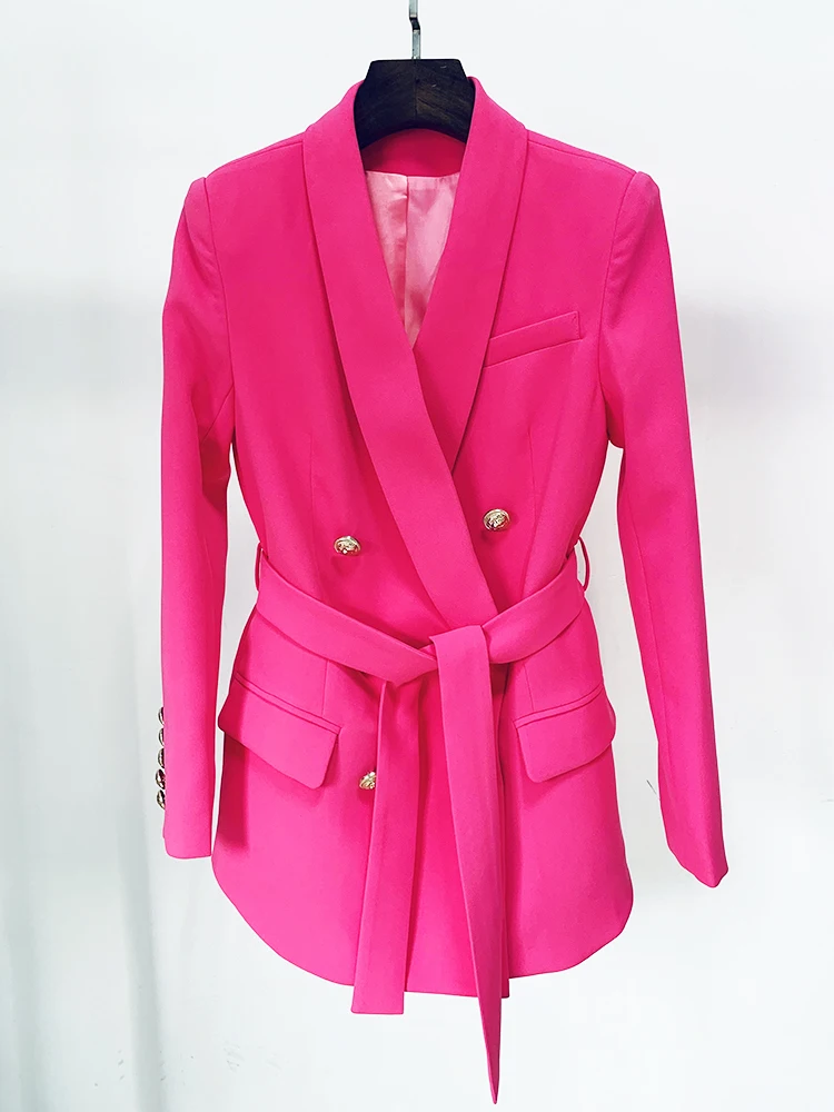 

HIGH STREET New Fashion 2024 Designer Jacket Women's Double Breasted Lion Buttons Belted Shawl Collar Blazer Hot Pink