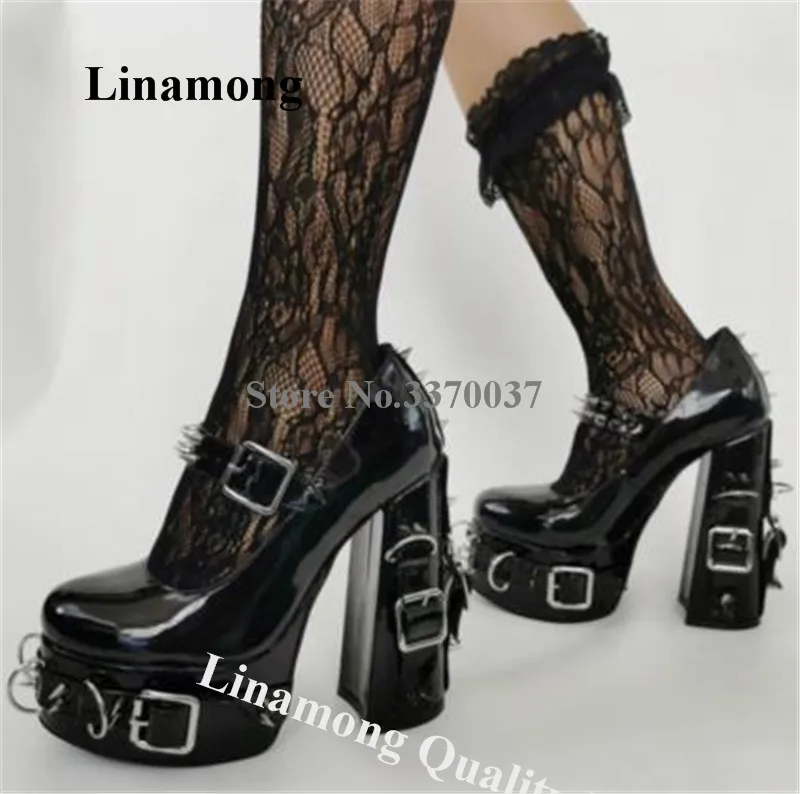 Sexy Metal Rivets Buckles Pumps Linamong Newest Black Patent Leather Studs Rings in Heels High Platform Chunky Heel Club Shoes
Sexy Metal Rivets Buckles Pumps Linamong Newest Black Patent Leather Studs Rings in Heels High Platform Chunky Heel Club Shoes