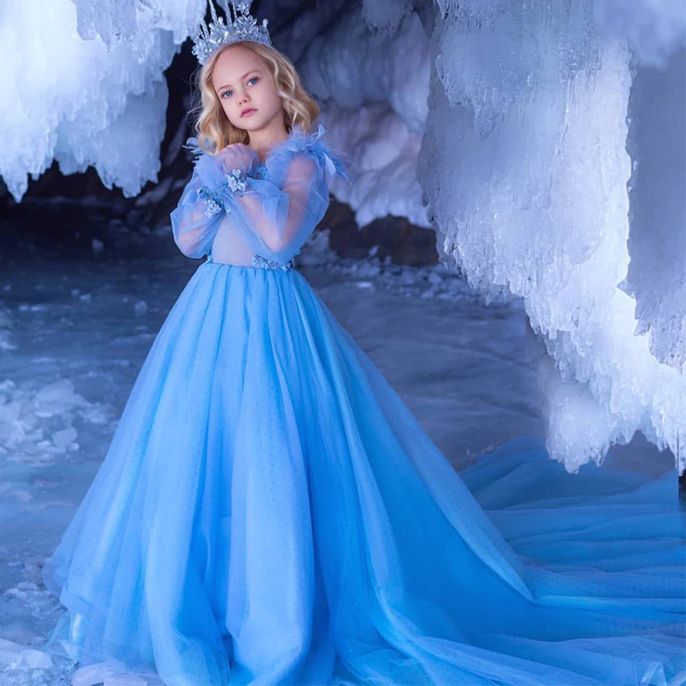 Blue Tulle Flower Girl Dresses Long Sleeves Feather Applique Girl's Party Ball Gown Court Train Illusion Birthday
Blue Tulle Flower Girl Dresses Long Sleeves Feather Applique Girl's Party Ball Gown Court Train Illusion Birthday