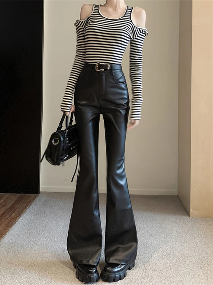 

Женские повседневные брюки-клеш, черные брюки из мягкой искусственной кожи до пола с высокой талией в Корейском стиле, весна-осень 2023