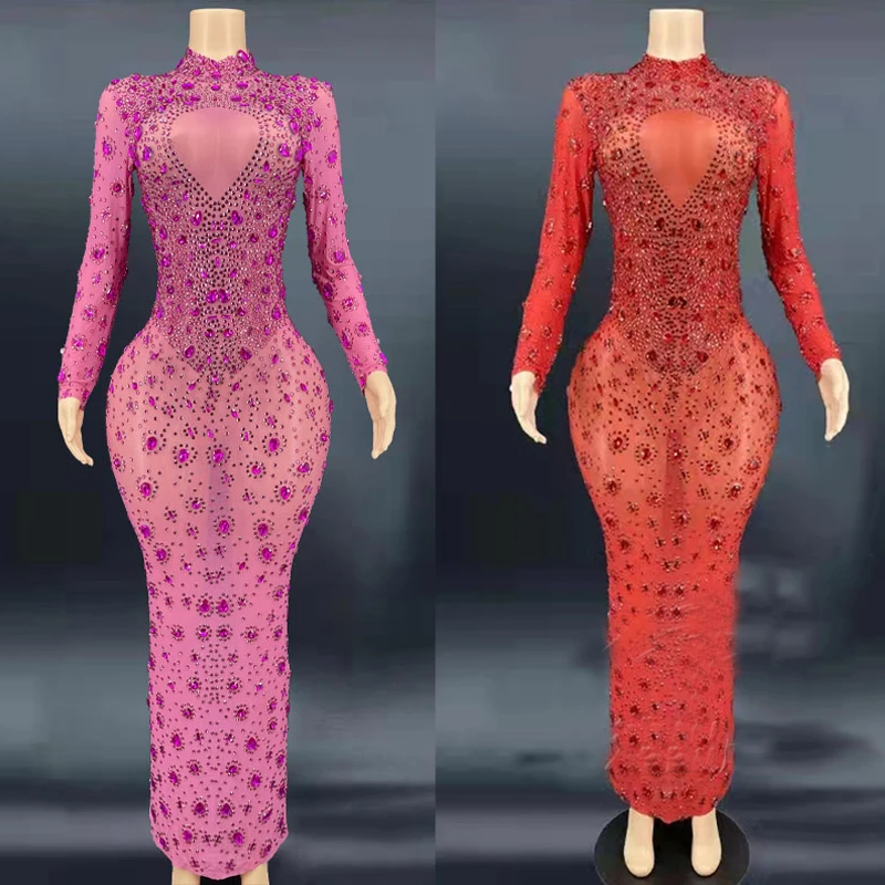 Flashing Red Pink Crystals Stones Sexy Transparent Long Dress Mesh Stretch Long Sleeves Dress Birthday Celebrate Outfit XS4184
Flashing Red Pink Crystals Stones Sexy Transparent Long Dress Mesh Stretch Long Sleeves Dress Birthday Celebrate Outfit XS4184