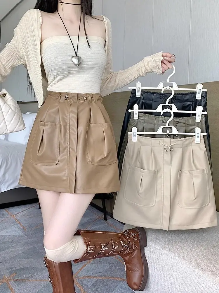 Autumn Winter Drawstring PU Leather Skirt Women Korean Fashion High Waist A-Line Short Baggy Pockets Streetwear Gyaru N71
Autumn Winter Drawstring PU Leather Skirt Women Korean Fashion High Waist A-Line Short Baggy Pockets Streetwear Gyaru N71