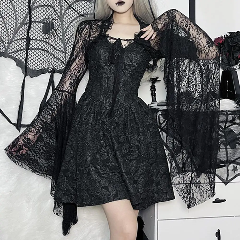 

Women Lace Bell Sleeve Cardigan Women Lace Cardigan Elegant Vintage Black Lace T-shirt with Flared Sleeves Sexy See for Women