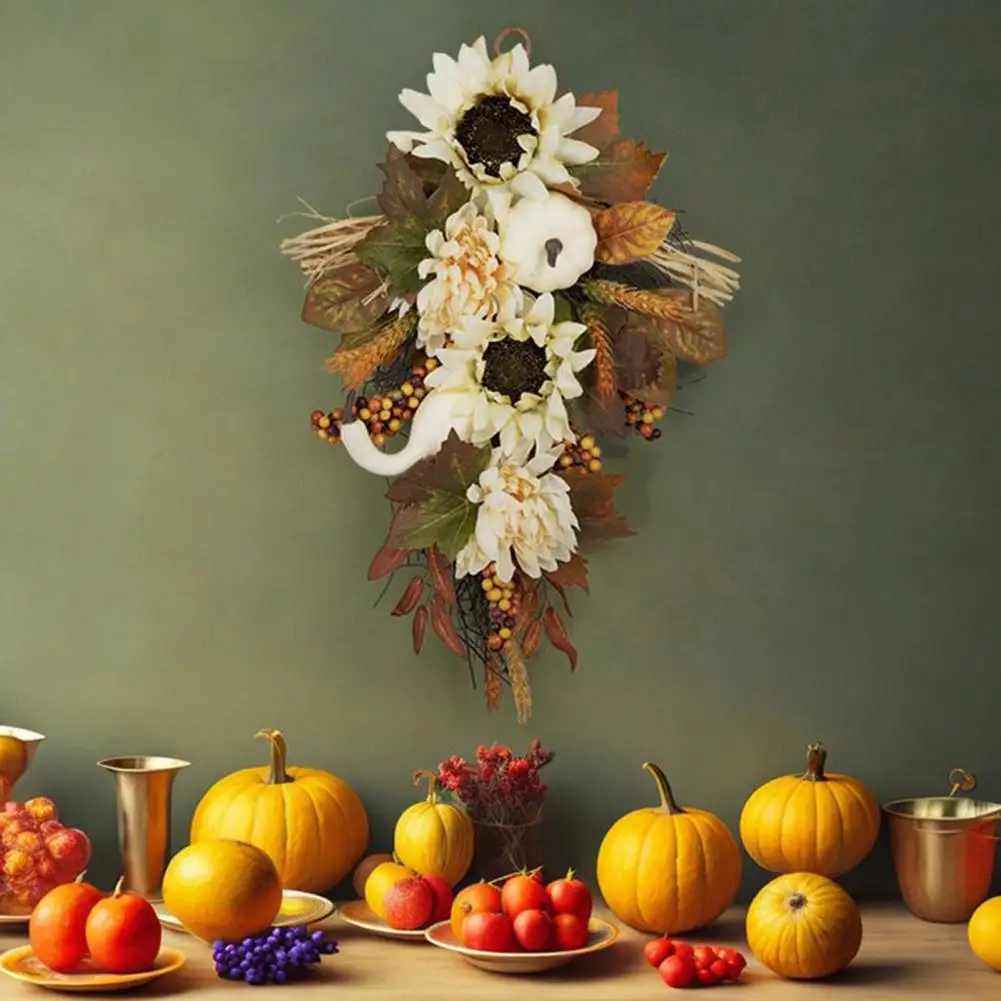 

Осенний искусственный венок, Осенний декоративный венок, украшение для осеннего урожая, белый Подсолнух, тыква, кленовые листья, венок для осени