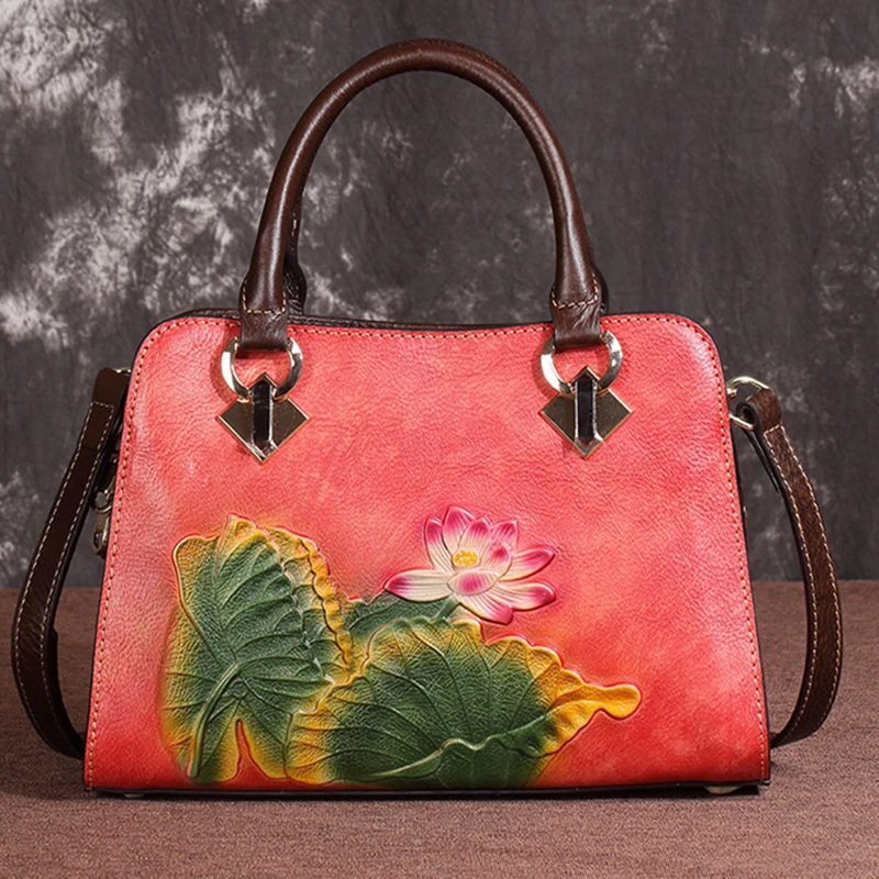 

High Quality Embossed Shoulder Messenger Bags Floral Leisure Female Embossed Briefcase Genuine Leather Tote Bag Women Handbag