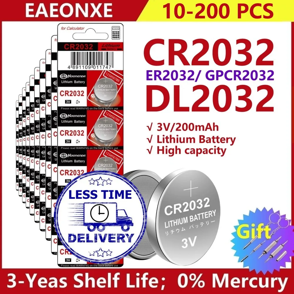 

10-200PCS 210mAh CR2032 3V Lithium Battery For Watch, Toy, Calculator, Car Key, CR 2032 DL2032 ECR2032 Button Coin Cells