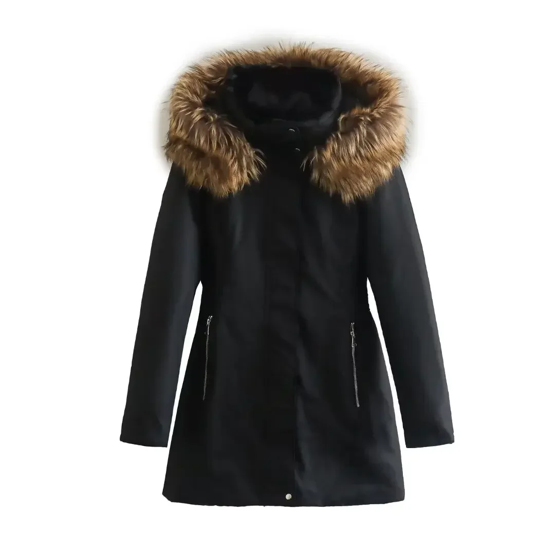 

Женское зимнее пальто с капюшоном и меховым воротником, черное теплое хлопковое пальто с украшением, винтажная женская верхняя одежда на молнии с длинным рукавом, шикарные топы