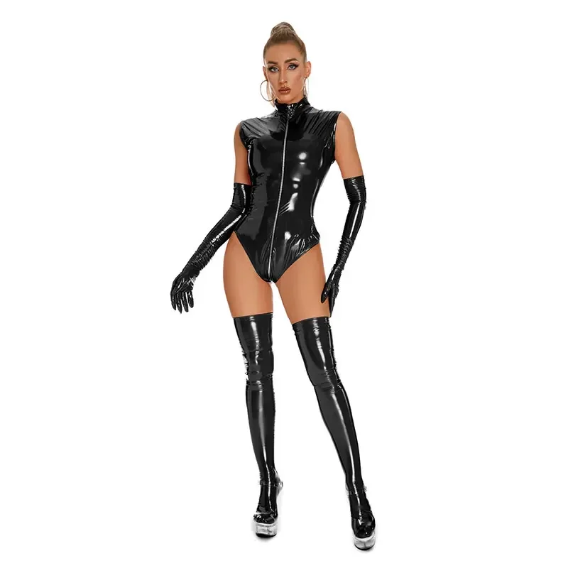 

Plus Size Glossy Leather Tank Bodysuit For Women Hot Porn Breast Exposing Ladies Shiny Shaping Latex Leotard Sleeveless Sexi