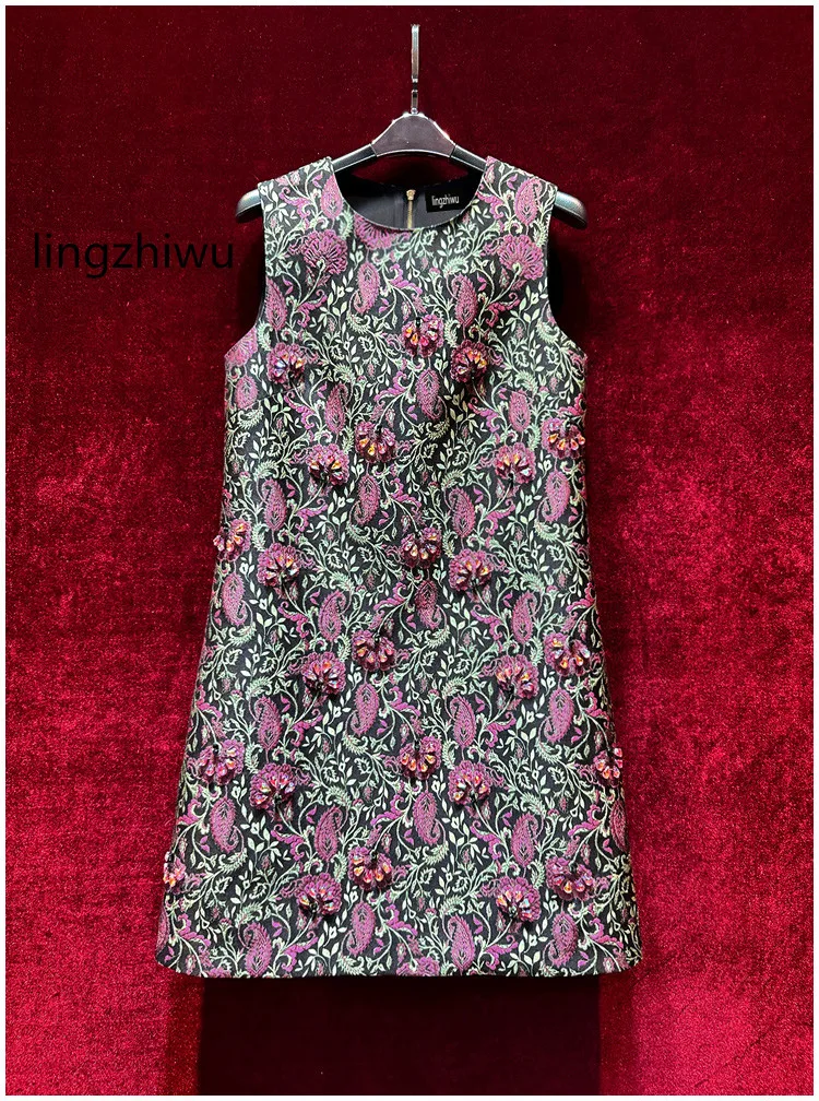 

lingzhiwu Jacquard Dress French Vintage Handmade Beading Top Quality Dresses Exquisite A-Line Female 2024 Summer New Arrive