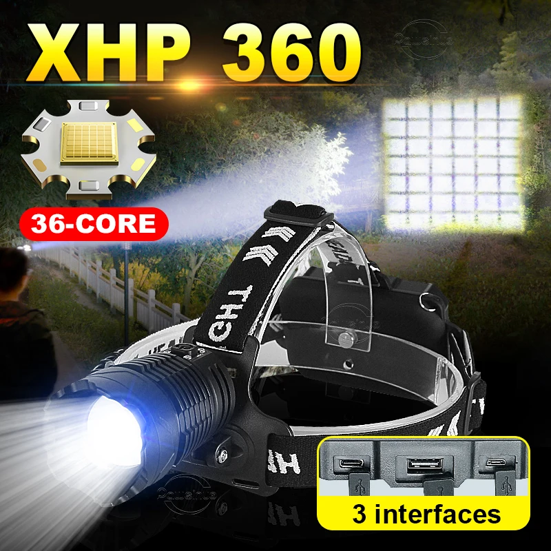 XHP360 Powerful Headlamp USB Rechargeable Head Flashlight 4 Lighting Modes High Power LED Headlight 18650 Head Lamp Waterproof
XHP360 Powerful Headlamp USB Rechargeable Head Flashlight 4 Lighting Modes High Power LED Headlight 18650 Head Lamp Waterproof