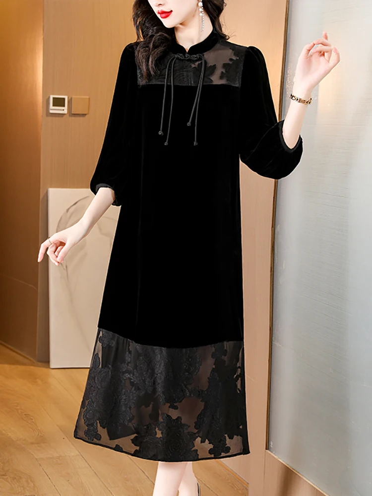 Women Korean Vintage Hepburn Luxury Vestidos Autumn Winter Black Velvet Patcwhork Sheer Dress 2024 Elegant Loose Prom Clothing
Women Korean Vintage Hepburn Luxury Vestidos Autumn Winter Black Velvet Patcwhork Sheer Dress 2024 Elegant Loose Prom Clothing