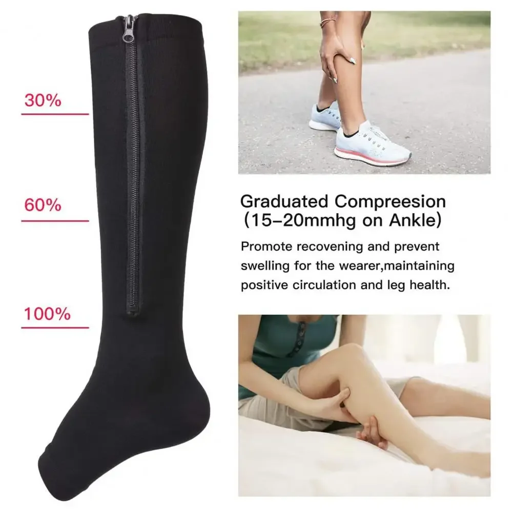 

1 Pair Compression Zip Socks Zip-up Solid Color High Elasticity Knee High Stretchy Support Stockings with Open Toe Health Care