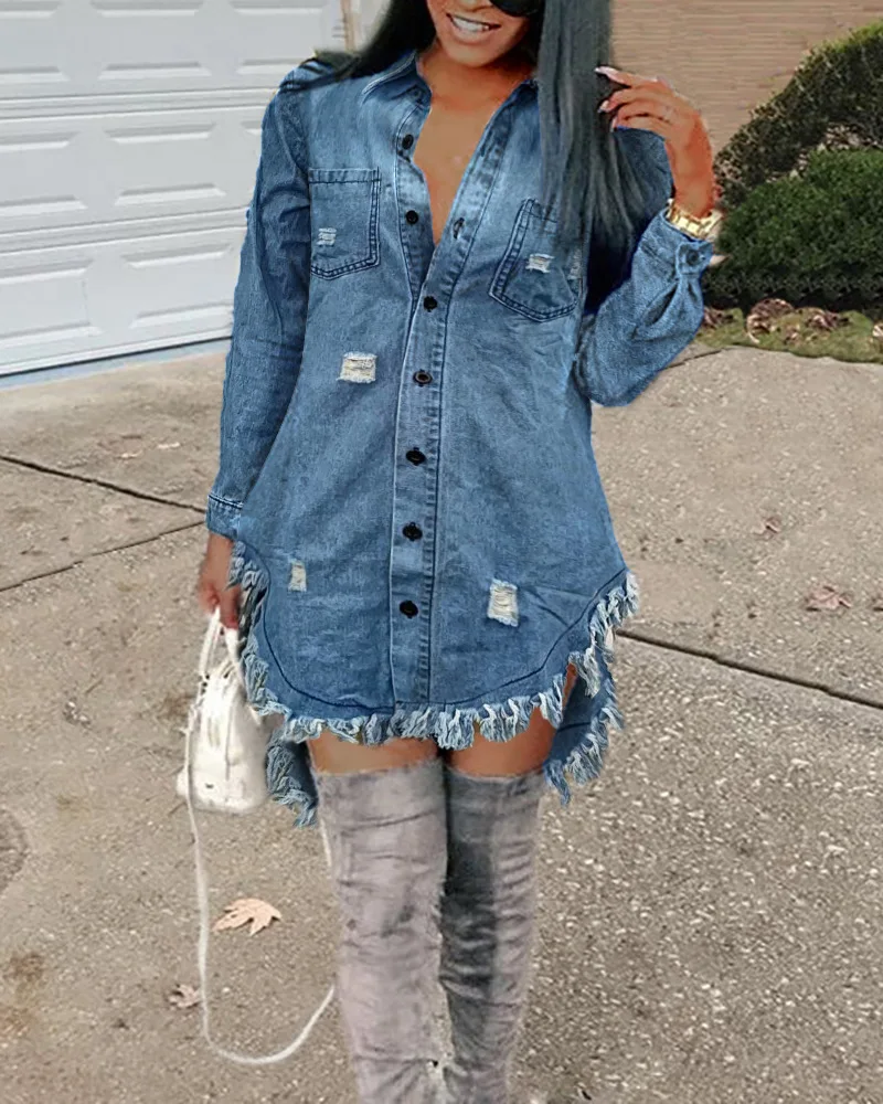 

Ripped Raw Hem Asymmetrical Denim Tops Casual Shirts Women Fashion Pockets Single Breasted Button Dress