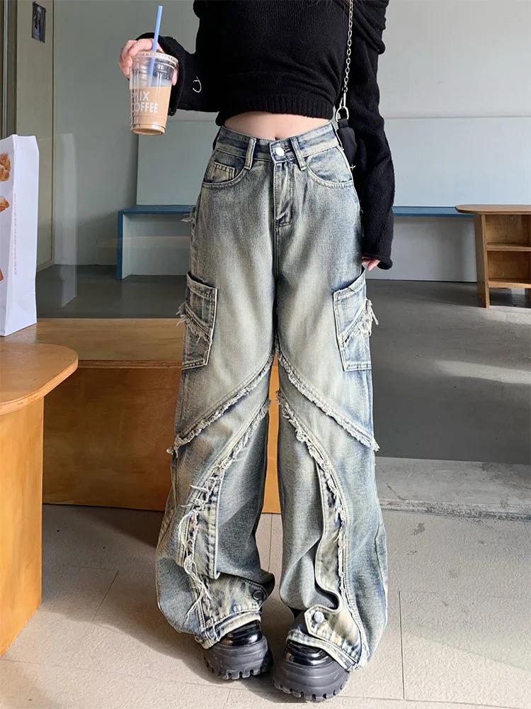 

Women Baggy Japanese Harajuku Trashy Y2K Streetwear Low Rise Denim Pants Jeans 2000s Vintage Trousers Kpop Goth Tide Grunge Punk