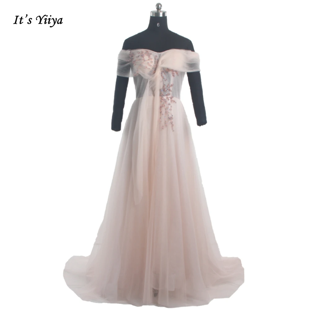 

It's Yiiya Evening Dresses Boat Neck Pink Beading Pleat Tulle Illusion A-line Floor-length Lace up Lady Party Formal Dress B1267