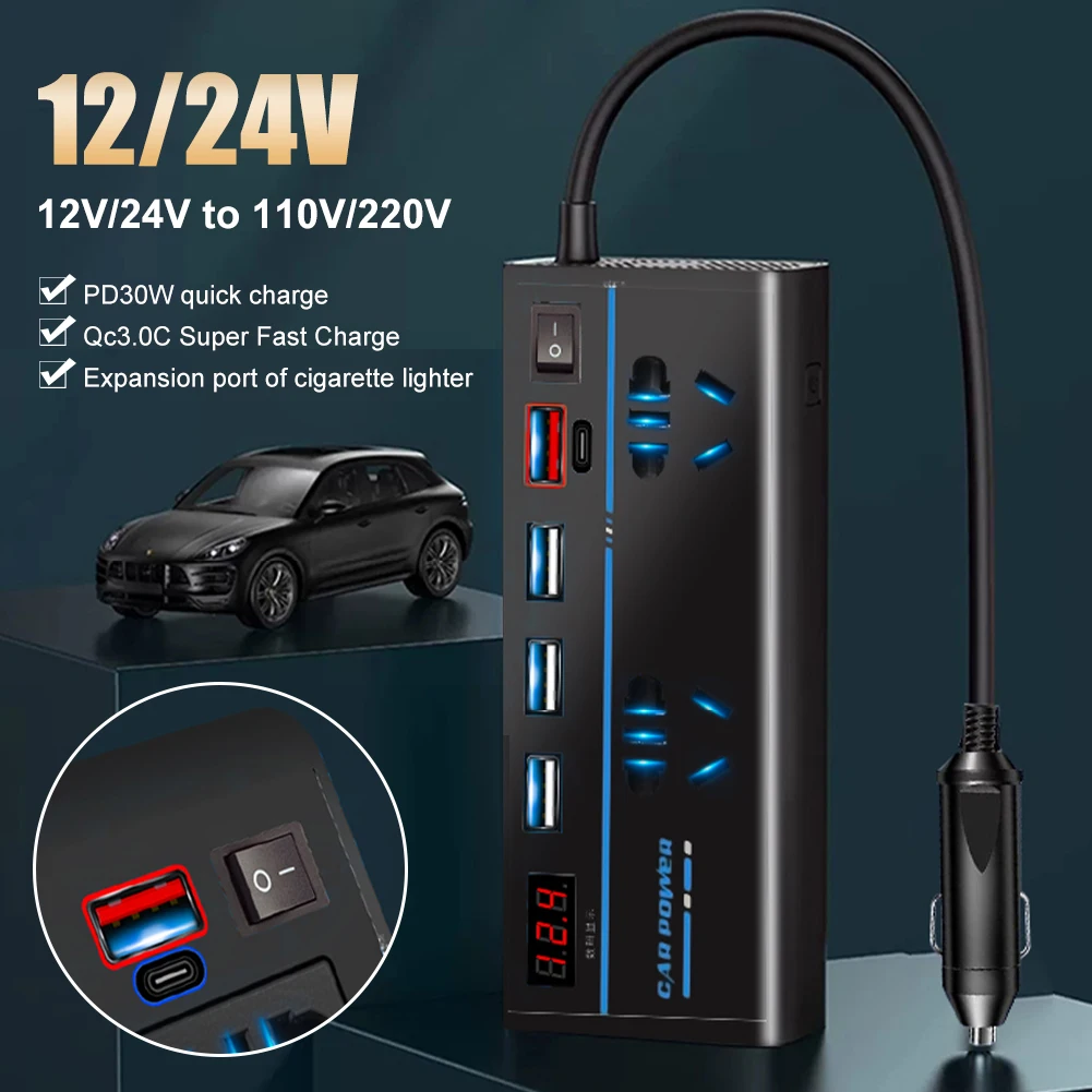 Universal Car Inverter DC12V/24V to AC110V/220V Auto Converter Type-C USB Fast Charging Charger EU Socket Inverter Power Adapter
Universal Car Inverter DC12V/24V to AC110V/220V Auto Converter Type-C USB Fast Charging Charger EU Socket Inverter Power Adapter