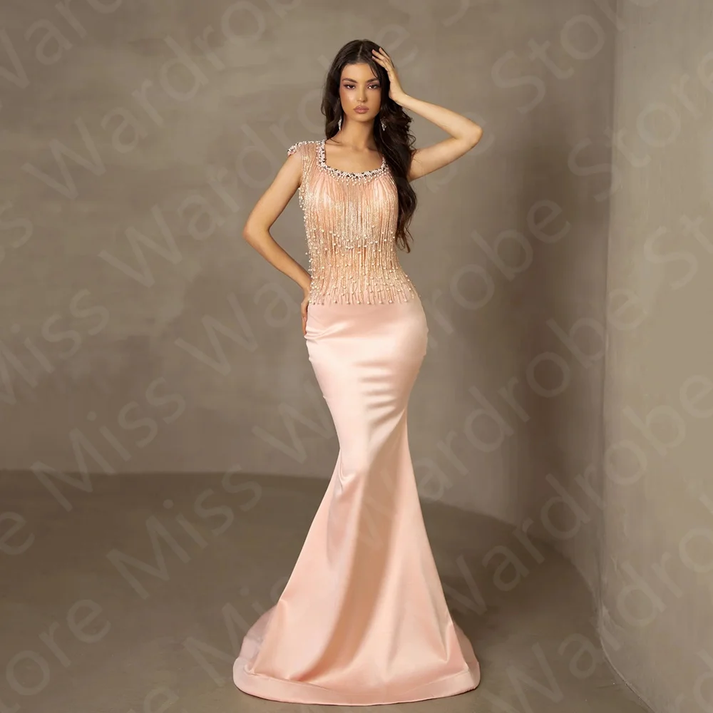 

New Peach Satin Dress Mermaid Evening Dresses 2024 Prom Gowns Cap Sleeve Scoop Neck Wedding Party Dresses Pearls Tassel