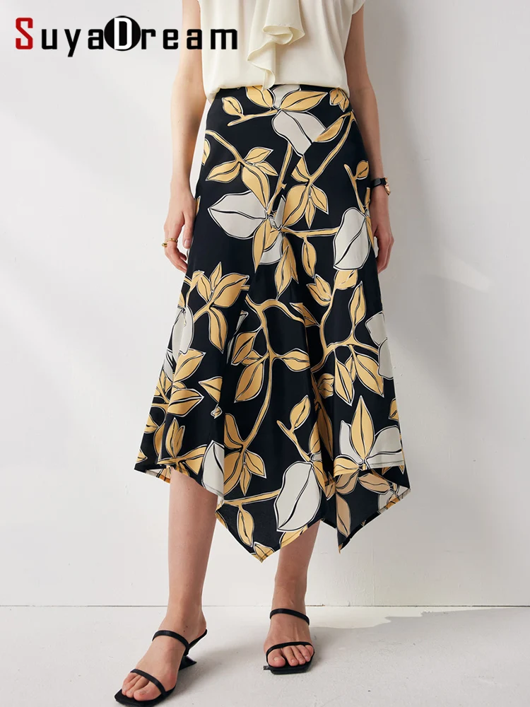 

SuyaDream Women Floral Skirt 100%Silk Crepe de chine A-Line Printed Long Skirts 2023 Fall Winter Bottoms Black