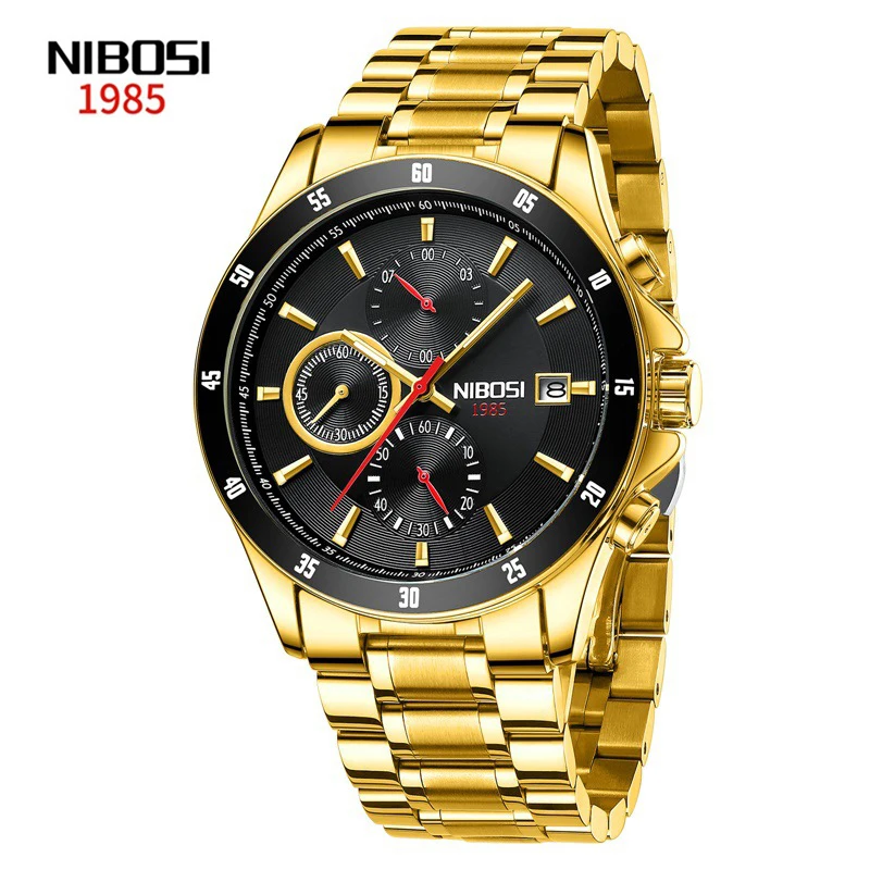 

NIBOSI Luxury Gold Men Multifunctional Quartz Watch Top Brand Luminous 30M Waterproof Weekly Calendar Display Reloj Hombre 2530