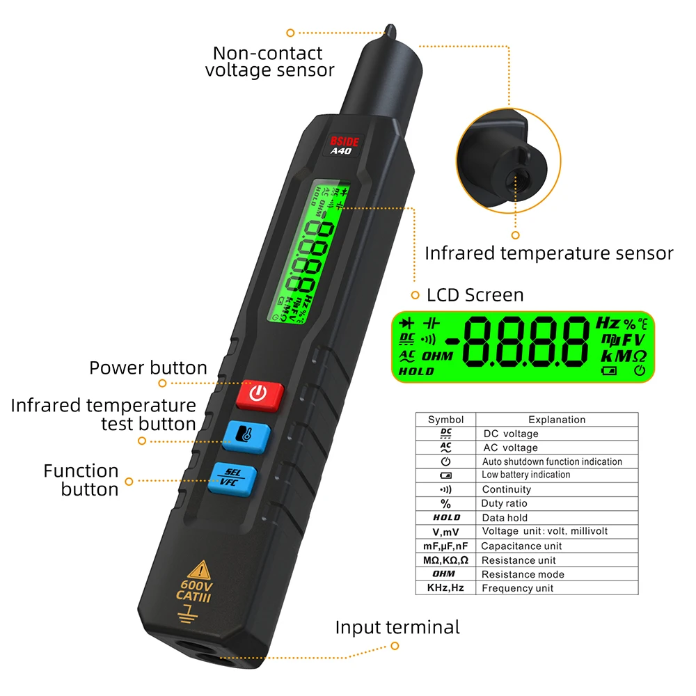 

BSIDE A40 Digital Multimeter Pen Type Tester Voltmeter DC AC Voltage VFC Capacitance Ohm Hz Diode Continuity NCV Live Test