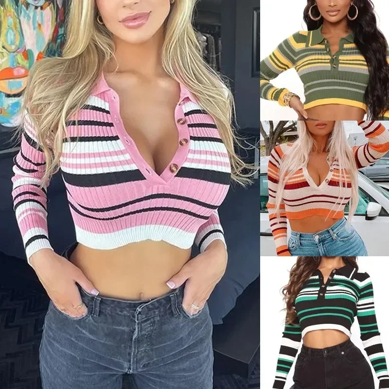 

2024 Autumn Winter Neck Knit Sweater Crop Top Female Turn-Down Collar Long Sleeve Sexy Striped Top Women Y2K Streetwear YDL43