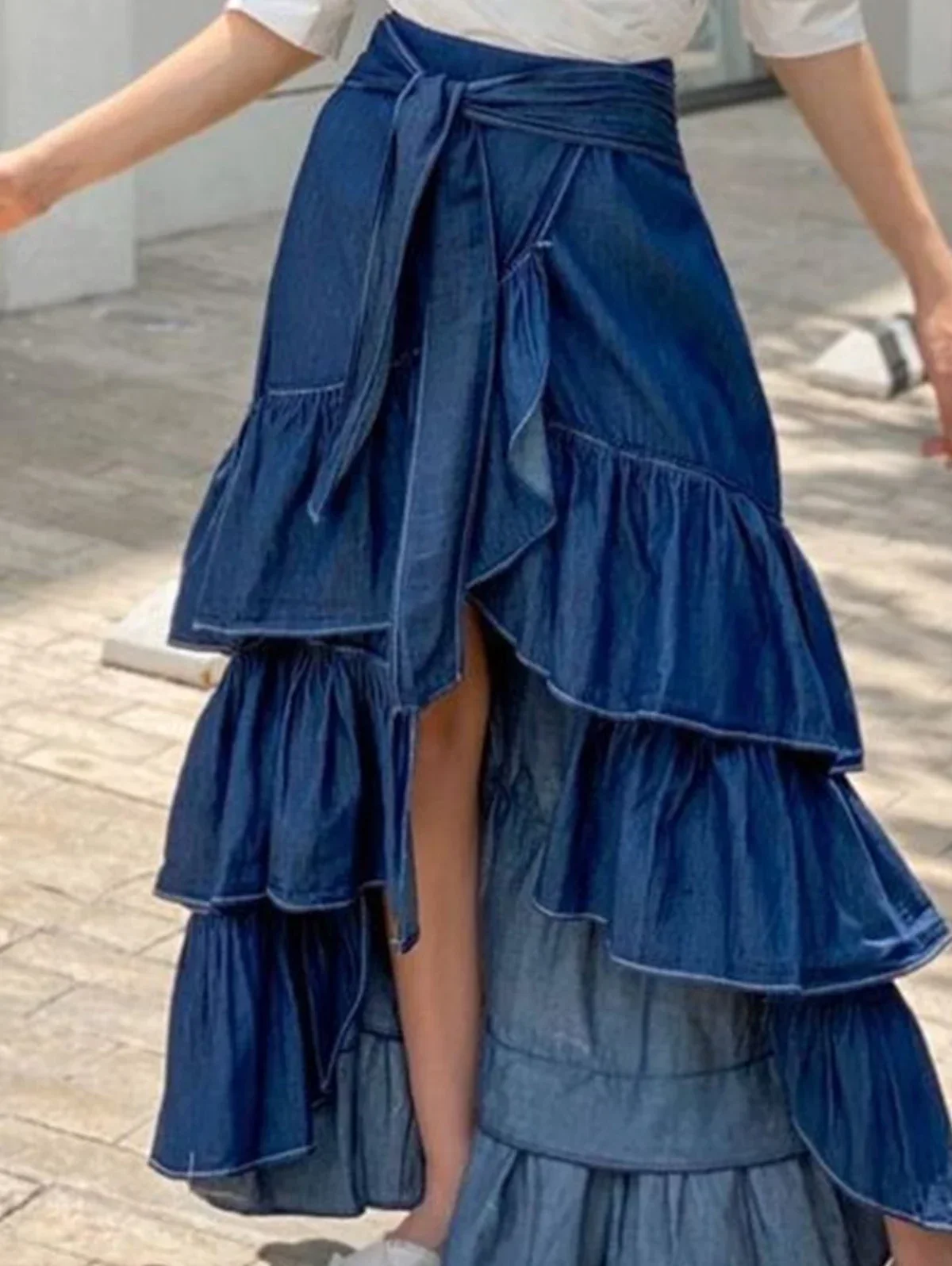 

Cake Skirt Party Club Casual Vintage Pleated Sweet Fashion Plain Knot Waist Flounce Layered Hem Denim Skirt for Female