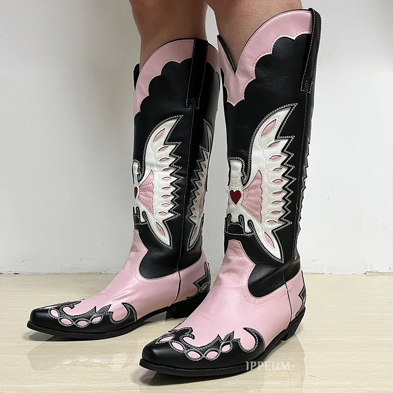 

IPPEUM Western Cowboy Boots Knee High Women Pink Wide Calf Block Heel Shoes New In Fashion Cowgirl Botas
