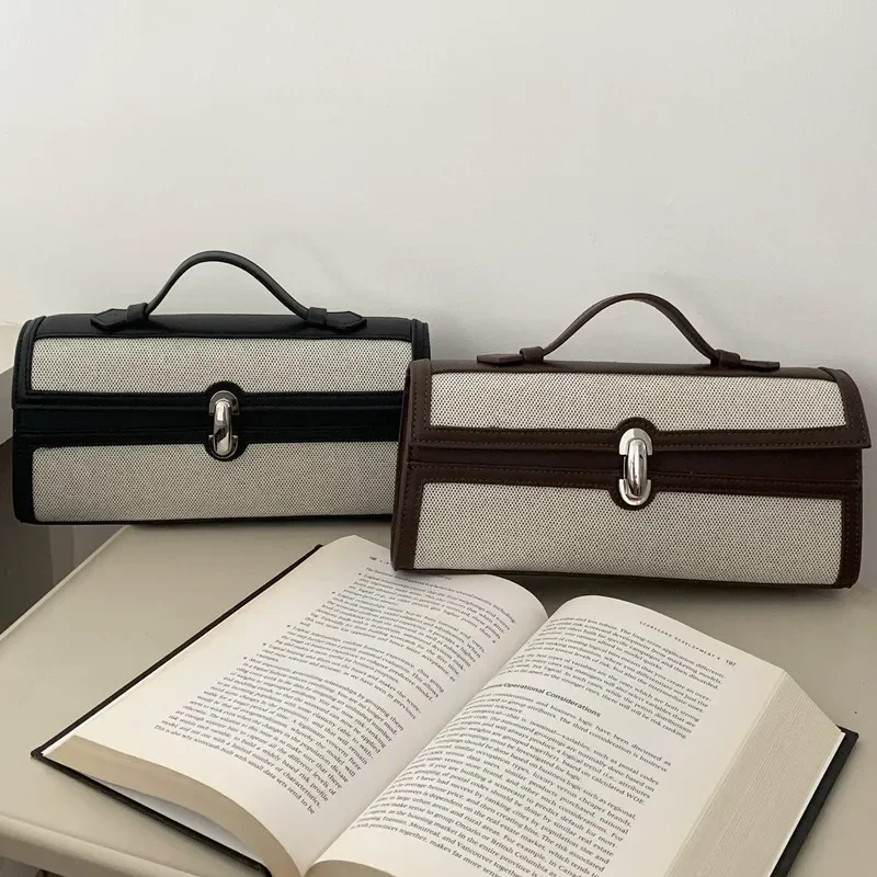 

Niche Design 2023 Summer New Long Baguette Bag Flap Metal Buckle Canvas Patchwork Leather Clash Envelope Women's Vintage Bag