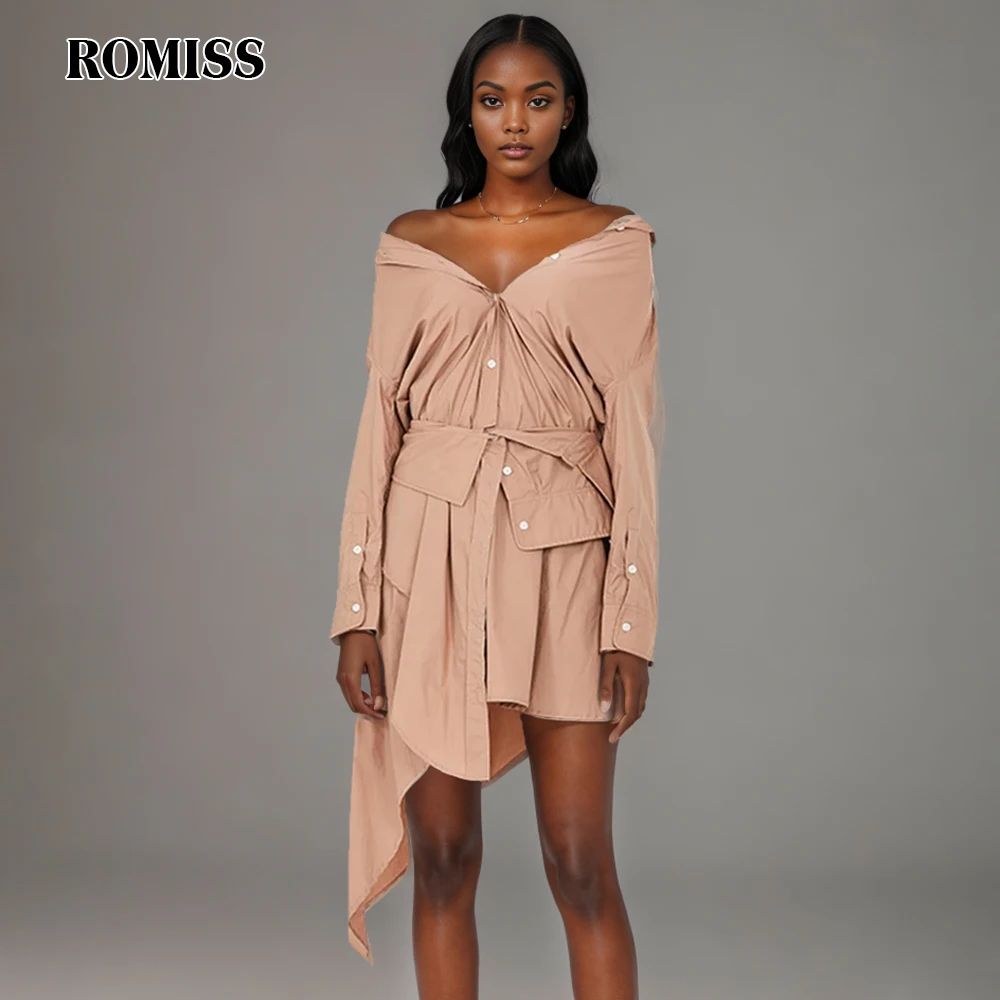 

ROMISS Asymmetrical Dress For Women V Neck Long Sleeve Gathered Waist Patchwork Ruched Mini Dresses Female Clothing Fashion