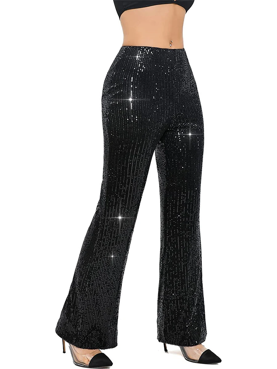 

Women Sequin Flare Pants Sparkly High Waist Wide Leg Bell-bottom Trousers Slim Party Club Shiny Pants Clubwear