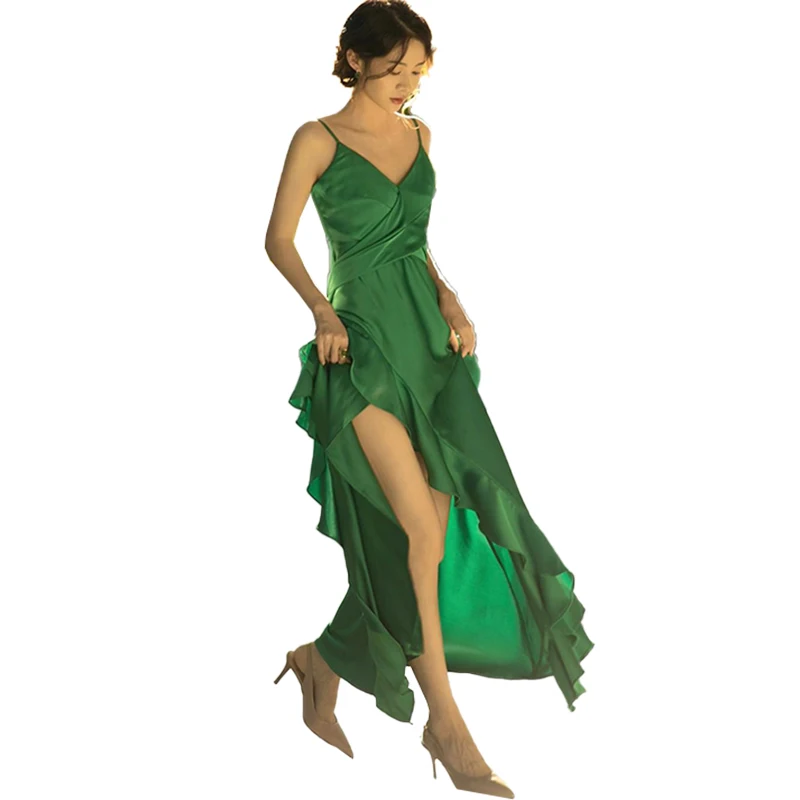 

Зеленое женское платье на бретелях, французская ретро юбка с разрезом