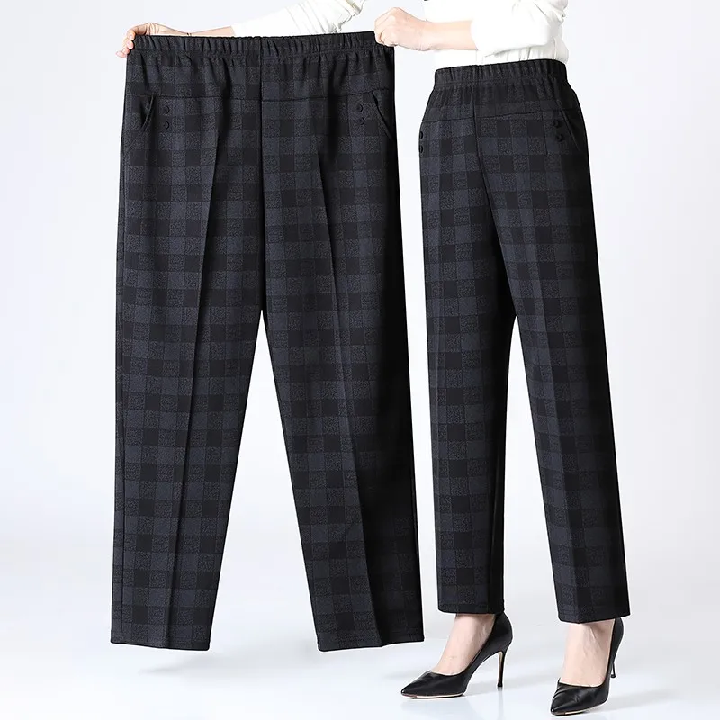 

6XL 7XL 8XL Middle-aged Elderly Women's Trousers Spring Autumn Elastic High Waist Straight Pants Mother Winter Warm Fleece Pants